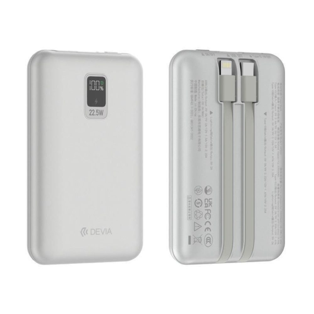 Φορτιστής Ανάγκης Devia EP202 MINI 22.5W 10000mAh με 2 Ενσωματωμένα Καλώδια Extreme Speed Ασημί