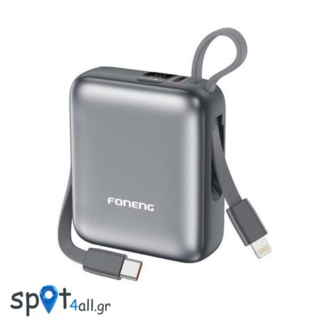 Power Bank Foneng PX115 Mini PD 22.5W 10000mAh με 2 Ενσωματωμένα Καλώδια Σκούρο Γκρι