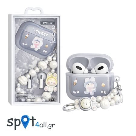 Bluetooth Ακουστικά TWS52 Sweet Edition με Θήκη & Διακοσμητικό Bracelet Γκρί