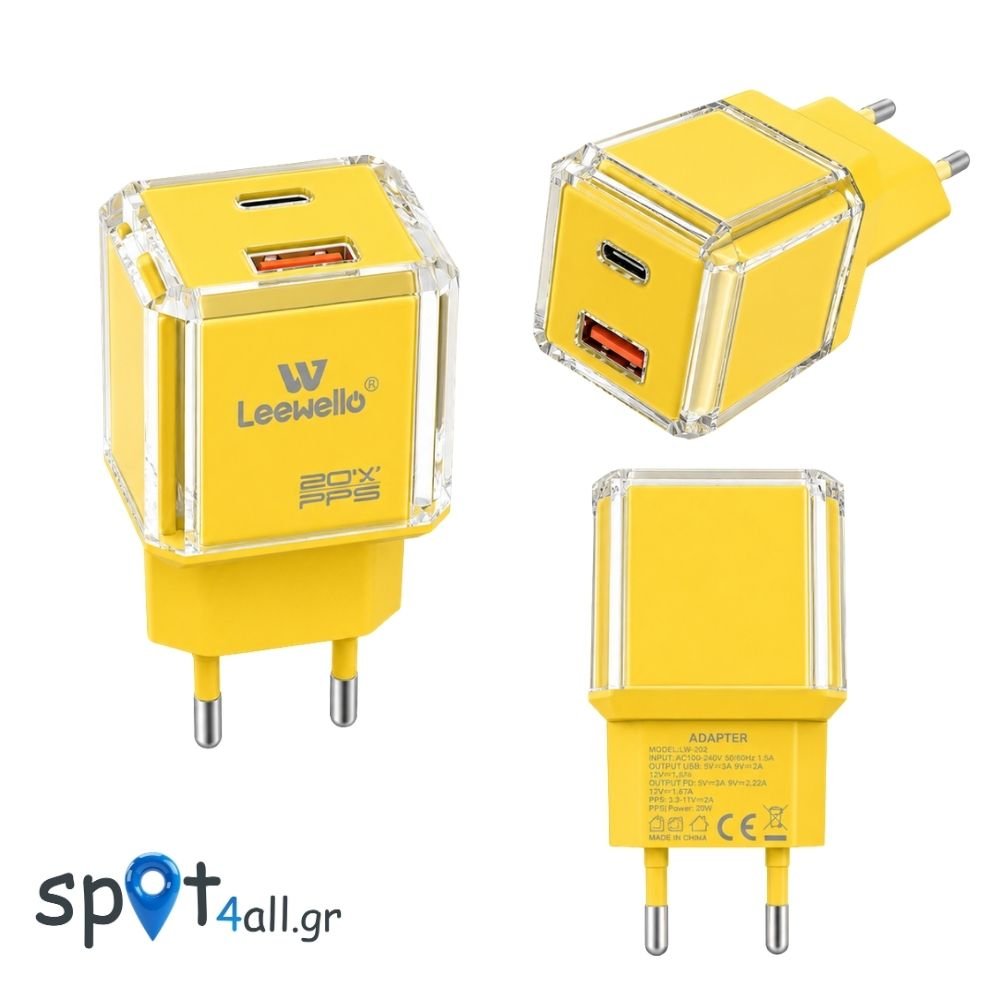 LW202 Crystal Charger Adapter 20W USB-A & Type-C Κίτρινο - Image 2