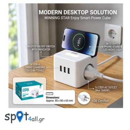Winning Star ST-1002 Πολύπριζο Κύβος 2500W με 2 Πρίζες, 3 USB, Βάση Κινητού & Φωτισμό – 2m
