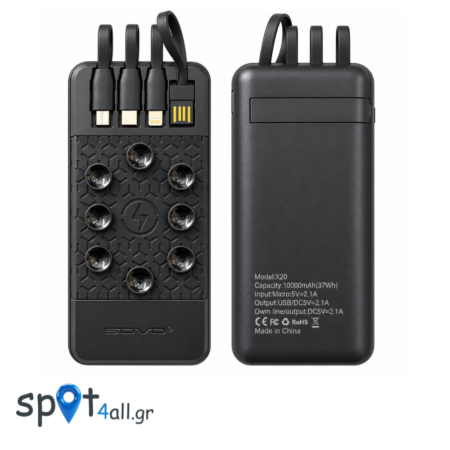X20 Power Bank 10.000mAh με 4 Ενσωματωμένα Καλώδια & Βεντούζες Στήριξης – Μαύρο