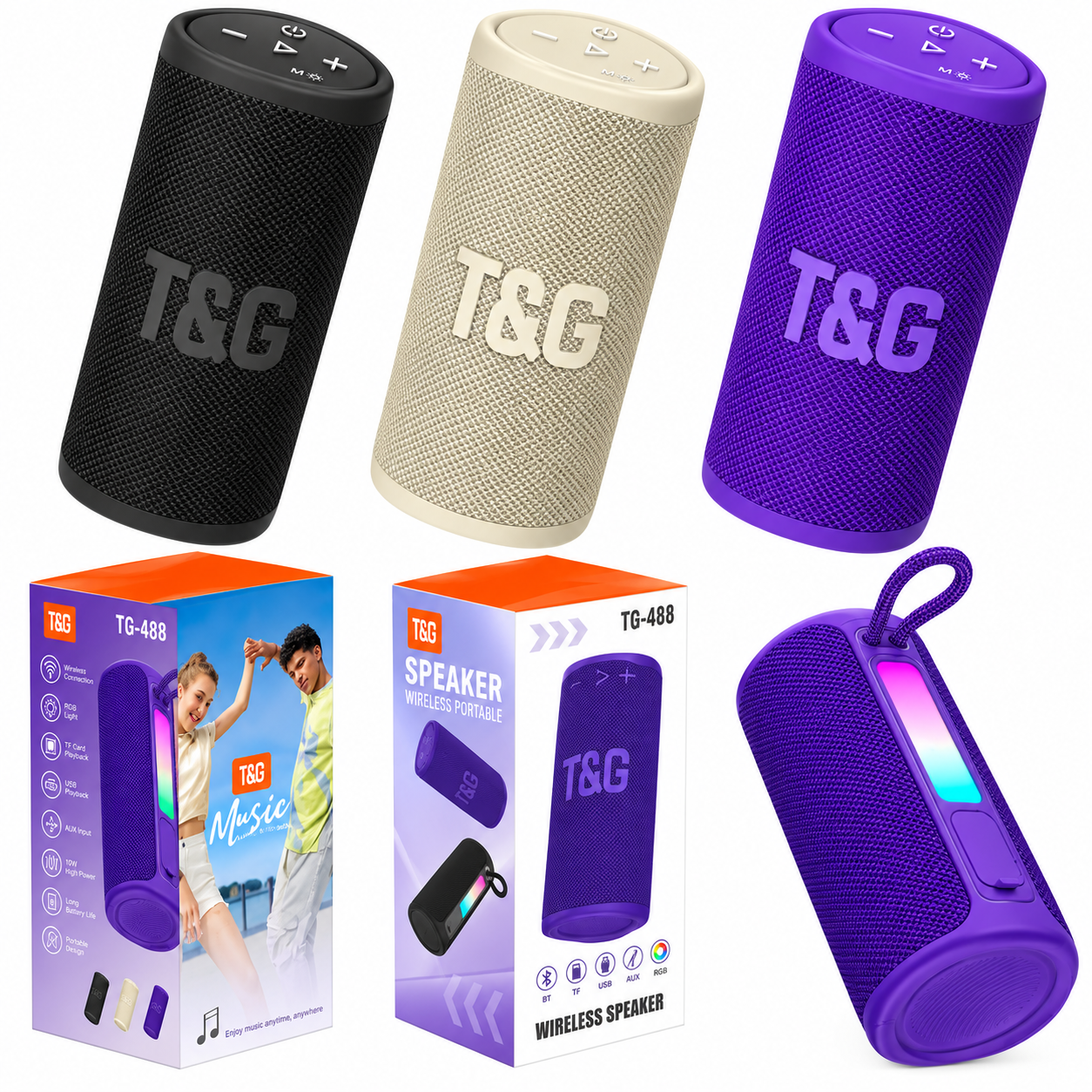 TG488 Φορητό Ασύρματο Ηχείο Bluetooth 5.3 10W με RGB Φωτισμό, USB, microSD & AUX – Μπέζ - Image 2